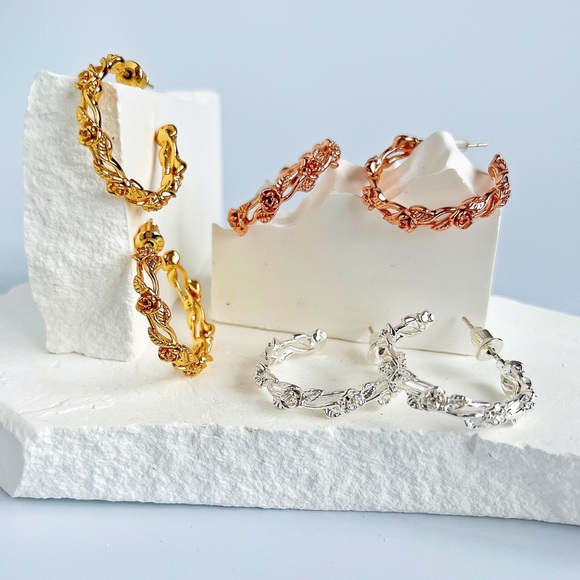 Rose Hoops Earrings 18K Gold Rose Earrings Gold Hoops Earrings Twig Earrings - Picture 6 of 10